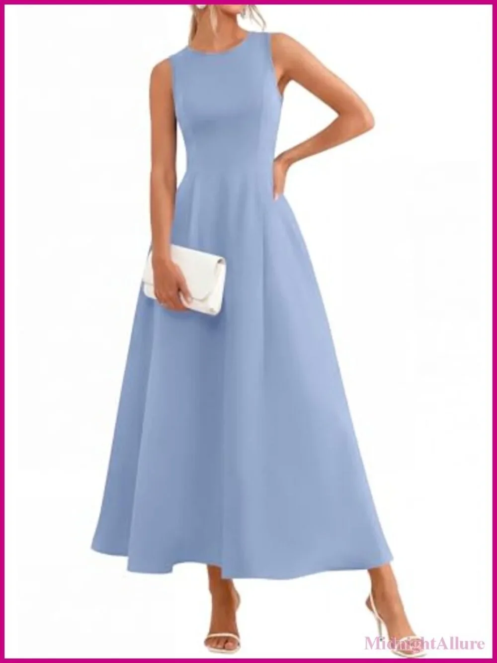 Elegant Sleeveless Maxi Dress with Pockets, Stretch Knit, A-Line, Crew Neck